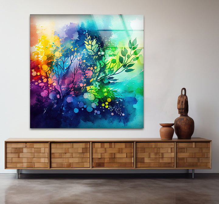 Vibrant Botanical Splash Wall Art – Colorful Nature-Inspired Glass Print for Creative Spaces