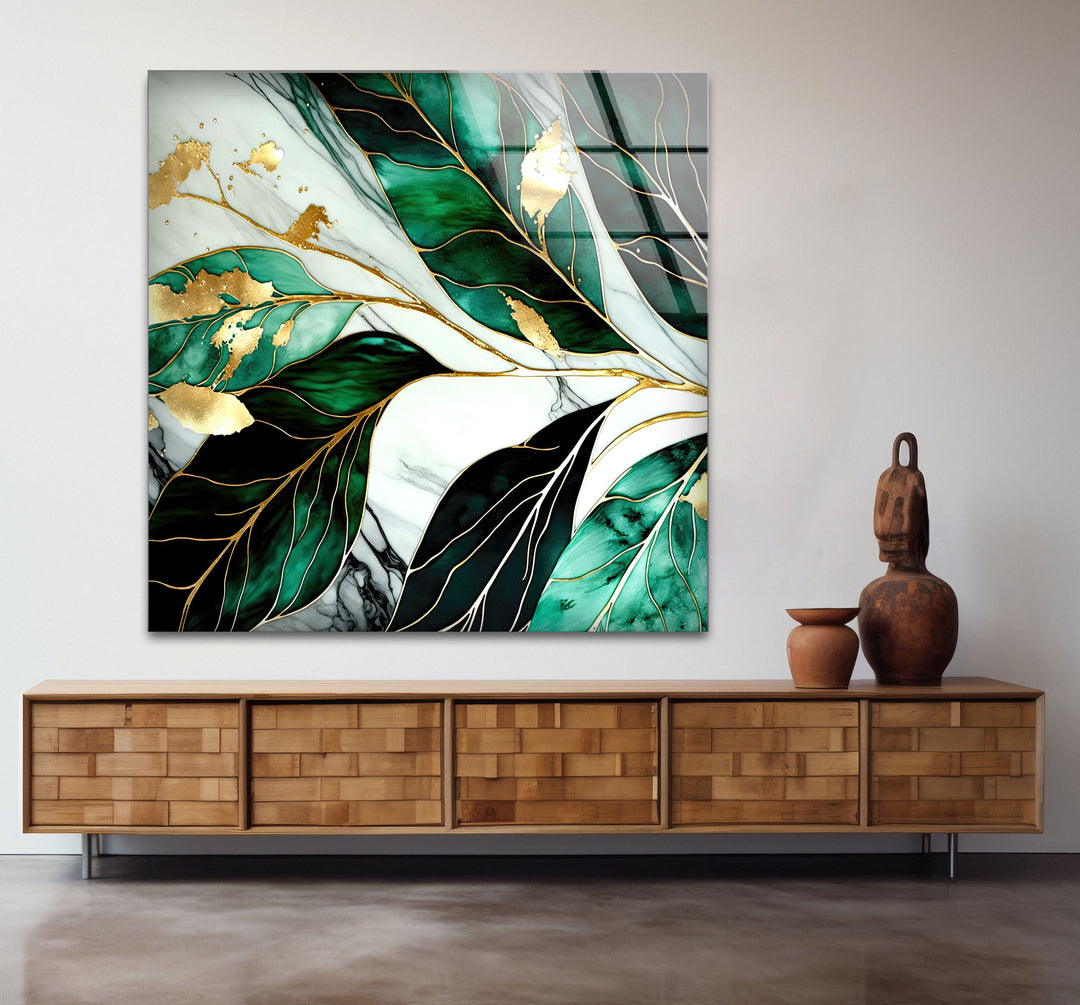 Gold & Emerald Botanical Glass Wall Art – Luxury Green Leaf Design