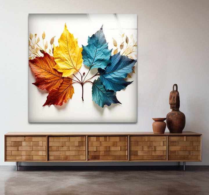 Colorful Autumn Leaves Wall Art – Modern Botanical Glass Print with Red, Yellow, and Blue Foliage