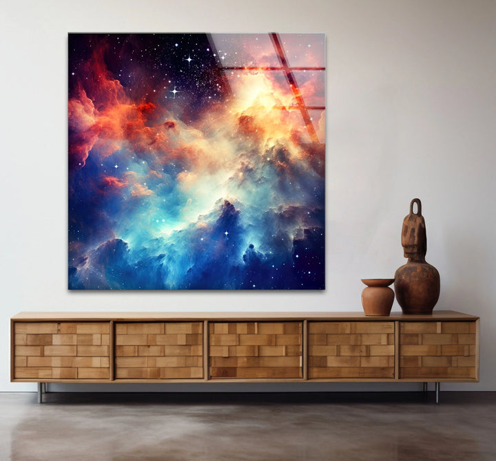 Nebula Galaxy Wall Art – Cosmic Cloud Glass Print with Vibrant Blue & Red Starburst for Futuristic Space-Inspired Decor - MyPhotoStation