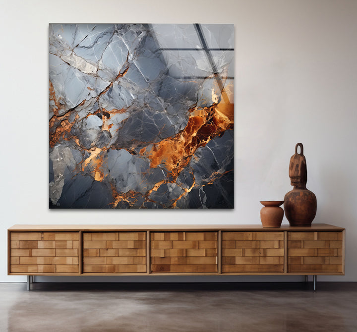 Fiery Blue Marble Glass Wall Art – Abstract Stone Texture Print