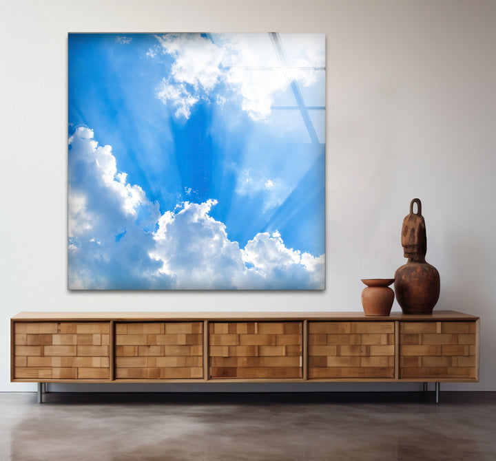Heavenly Sky Light Rays Wall Art – Blue Cloudscape Glass Print for Uplifting Decor
