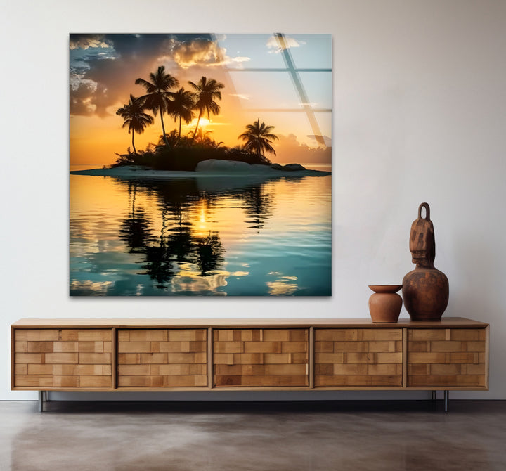 Tropical Island Sunset Wall Art – Serene Beach Glass Print for Relaxing Interiors