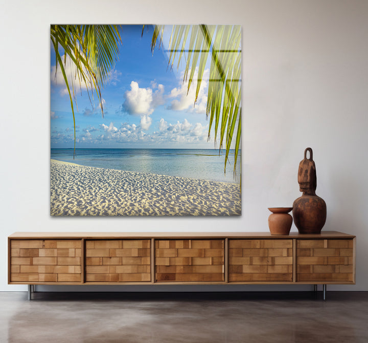 Tropical Palm Beach Wall Art – White Sand and Ocean Glass Print for Coastal Decor