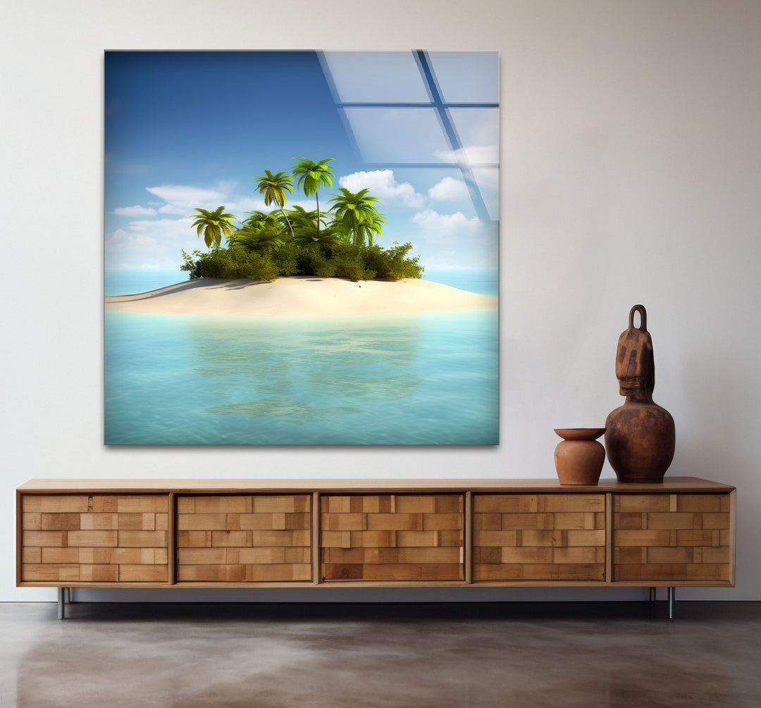 Tropical Island Escape Wall Art – Serene Beach Glass Print for Relaxing Interiors