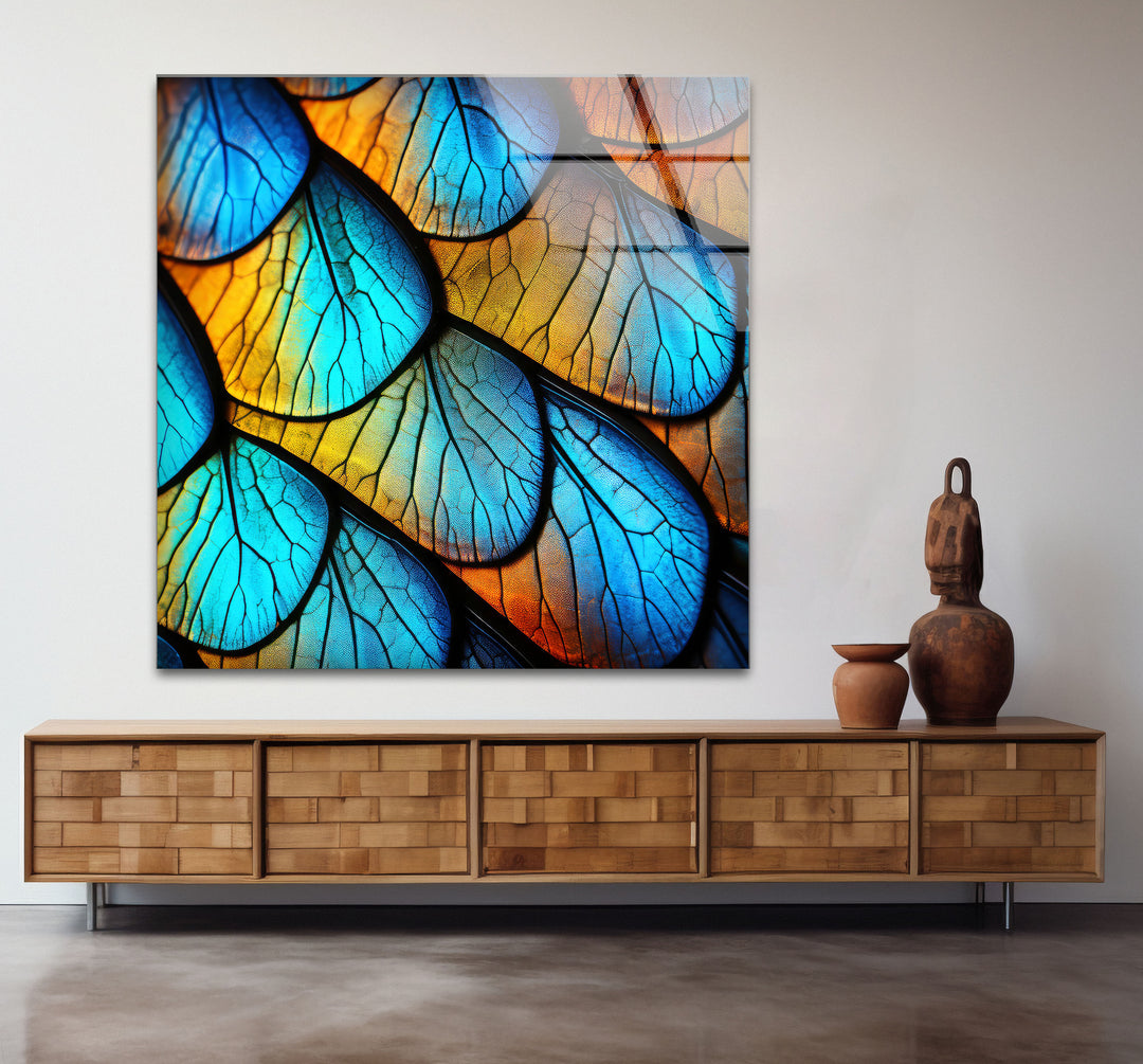 Blue Gold Leaf Texture Wall Art – Abstract Nature Pattern Glass Print