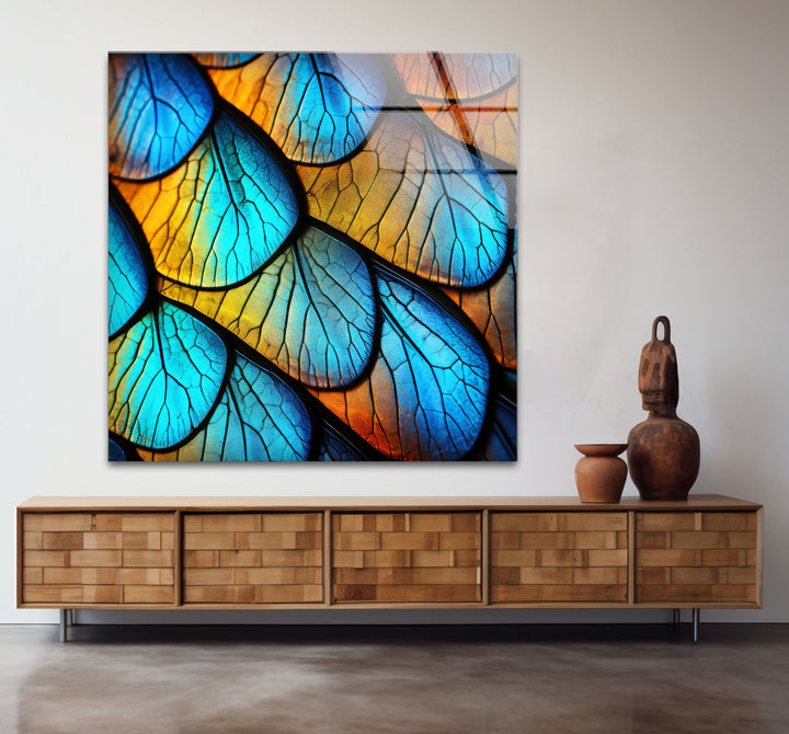 Blue Gold Leaf Texture Wall Art – Abstract Nature Pattern Glass Print