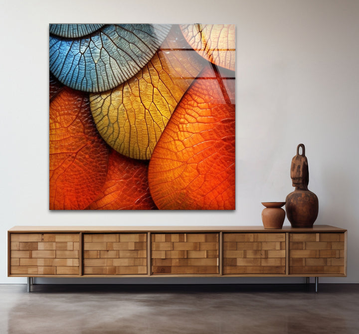 Bunte Blatttextur-Wandkunst – Abstrakter Natur-Glasdruck für moderne Innenräume