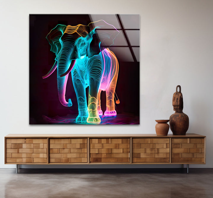 Neon Elephant Wall Art – Vibrant Abstract Animal Glass Print Decor