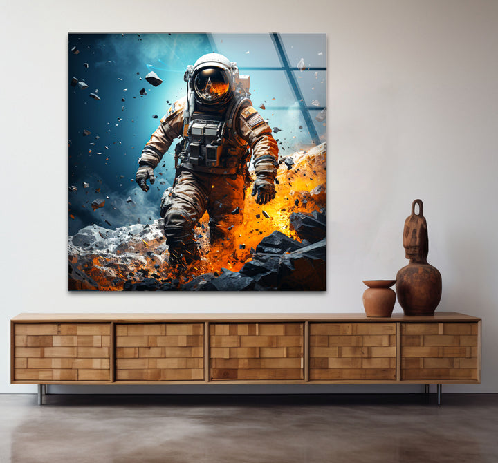 Explodierende Astronauten-Wandkunst – Weltraum-Feuer- und Steinglasdruck für mutige Innenräume