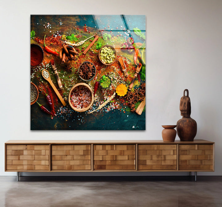 Tempered glass showcases the vibrant colorful spices and herbs of this rustic kitchen hanging wall art, enhancing the richness and depth of the culinary decor.