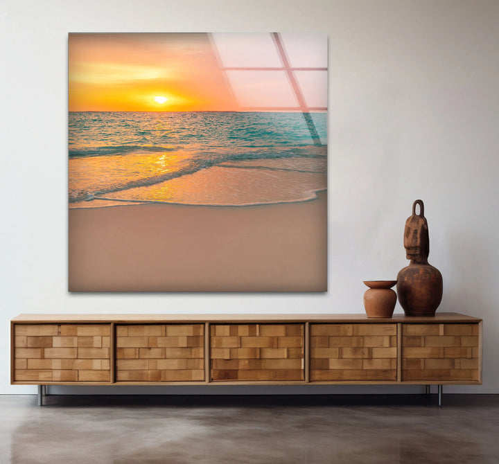 Tranquil Sunset Beach Wall Art – Coastal Ocean Waves with Soft Orange Glow - MyPhotoStation