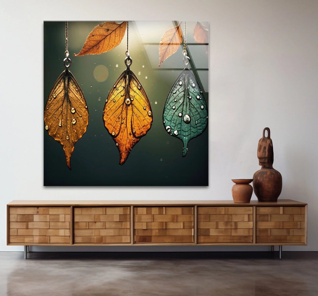 Autumn Dew Leaf Wall Art – Elegant Nature-Inspired Print with Golden & Teal Hues - MyPhotoStation