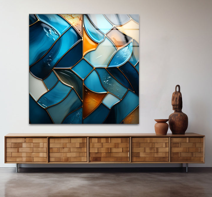 Blue Stained Glass Wall Art – Abstract Mosaic Glass Print Decor