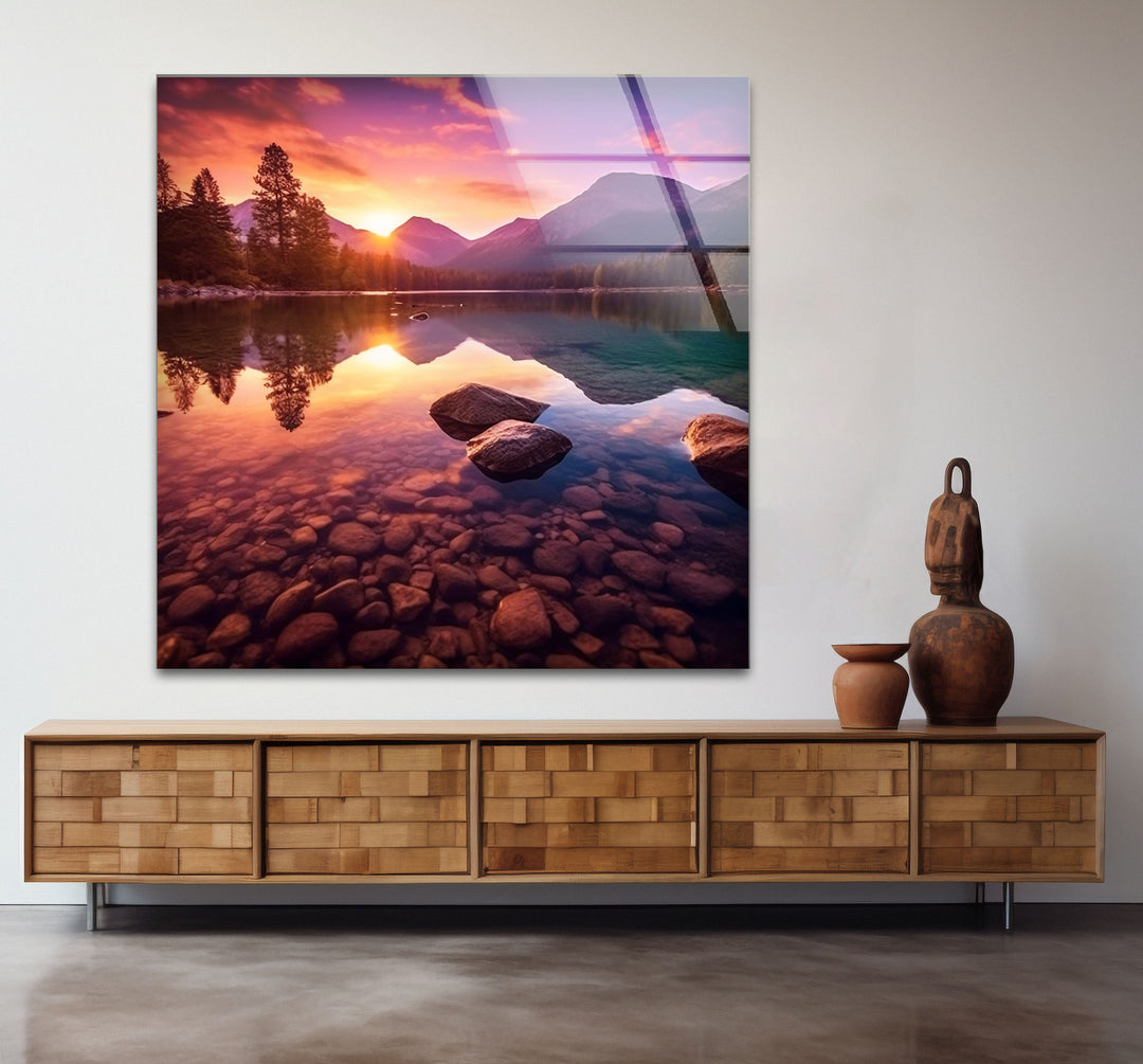 Bergsee Sonnenuntergang Wandkunst – Ruhige Natur Glas Landschaft Dekor
