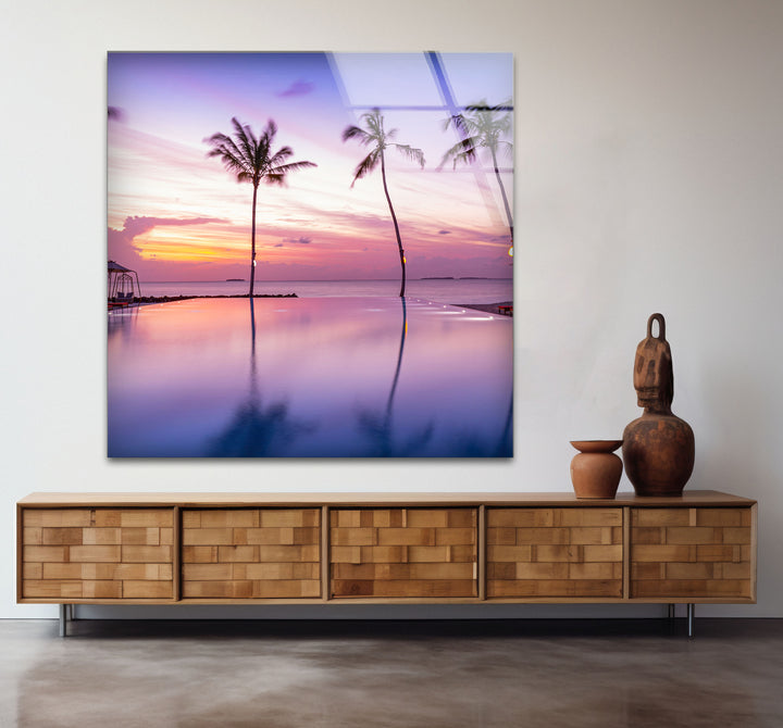 Tropical Sunset Pool Wall Art – Palm Tree Reflection Glass Print for Relaxed Interiors