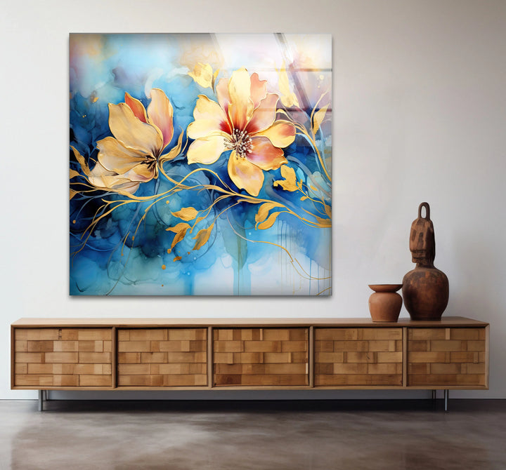 Golden Floral Fantasy Wall Art – Abstract Blue and Yellow Flower Glass Print for Elegant Interiors - MyPhotoStation