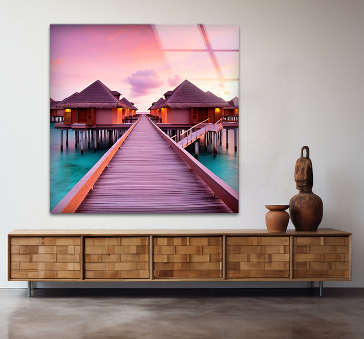 Maldives Sunset Resort Wall Art – Tropical Overwater Bungalows Glass Print Decor