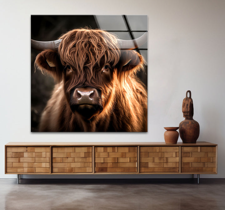 Highland Cow Wall Art – Rustic Brown Longhorn Glass Print Décor
