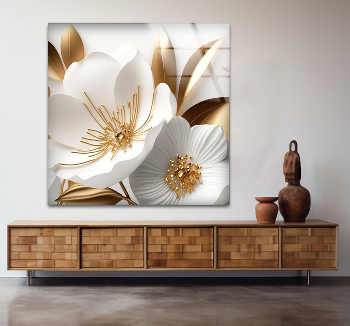 Elegant White and Gold Floral Wall Art – Luxury Botanical Glass Print for Sophisticated Decor