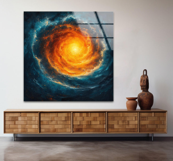 Abstrakte Glaswandkunst mit Spiralgalaxie