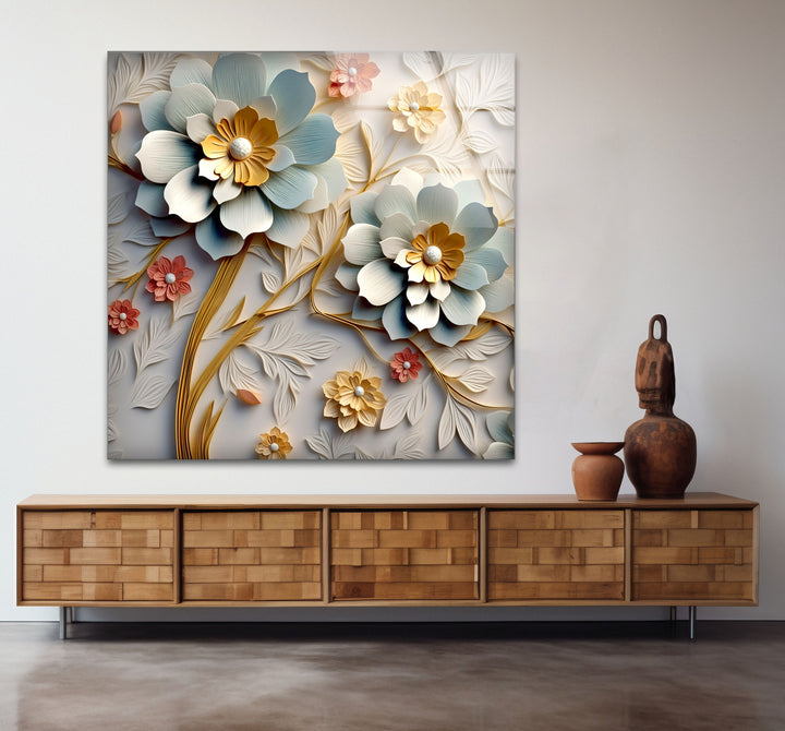 3D-Wandkunst mit blühenden Blumen – Eleganter Blumendruck aus geprägtem Glas 