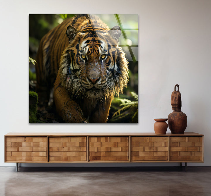 Wilder Tigerblick Wandkunst – Wildes Dschungel-Raubtier-Glasdruck-Dekor