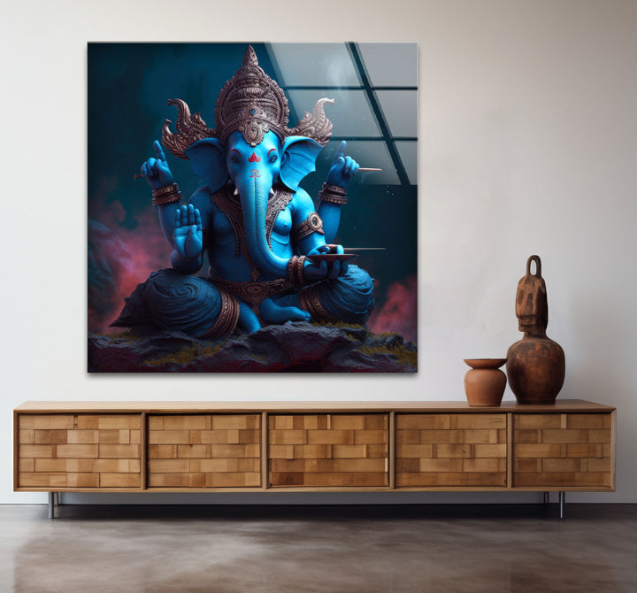 Blaue Ganesha-Wandkunst – Göttliche Hindu-Gottheit – Glasdruck für spirituelles Dekor 