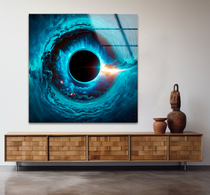 Wandkunst mit kosmischem schwarzen Loch – Blaues Wirbel-Galaxie-Glasdruckdekor 