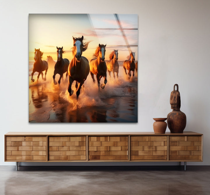 Running Horses Beach Wall Art – Sunset Coastal Glass Print for Dynamic Nature Decor