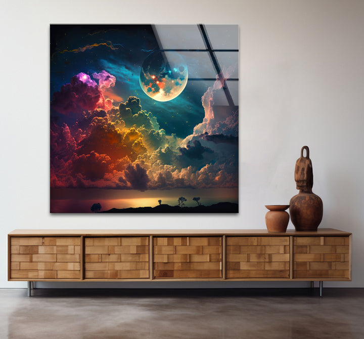Verträumte Mondaufgang-Wandkunst – Fantasy-Himmel und Wolken-Glasdruck