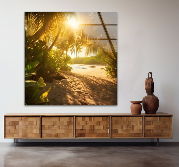 Golden Forest Beach Wall Art – Tropical Palm Tree Pathway Glass Print for Tranquil Nature-Inspired Decor