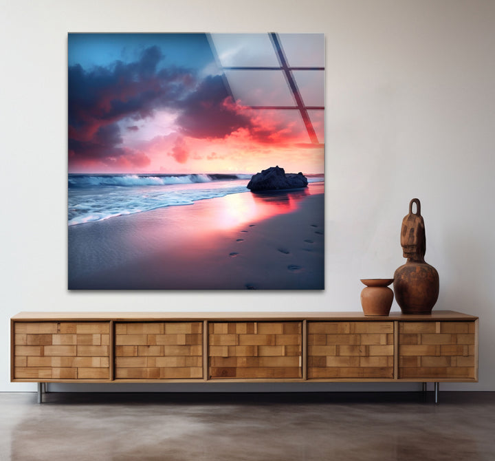Dramatic Sunset Beach Wall Art – Stormy Sky and Footprints Glass Print for Bold Decor
