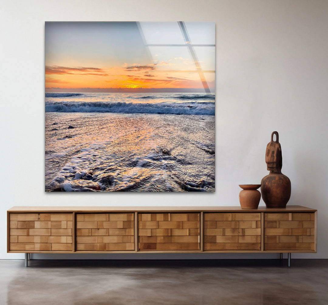 Golden Horizon Ocean Wall Art – Peaceful Sunset Beach Scene Glass Print - MyPhotoStation