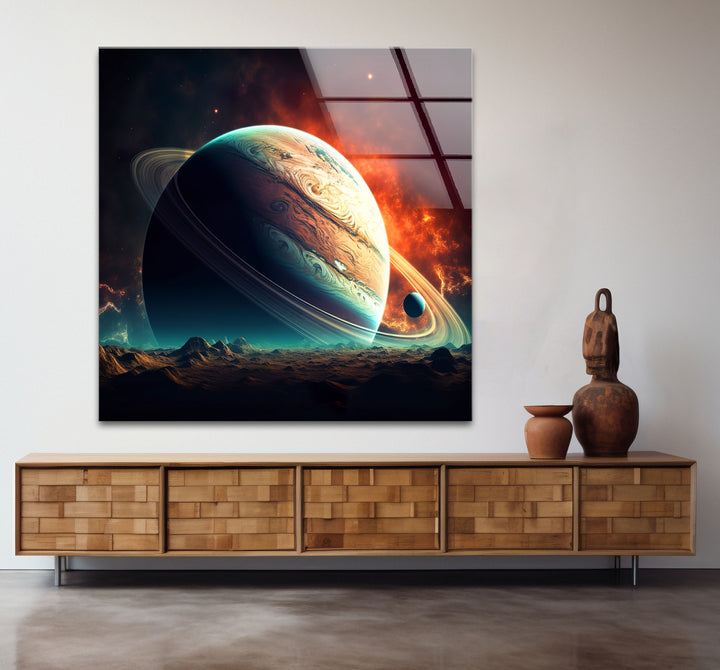 Saturn über fremdem Horizont – Planetenlandschaft, Glaswandkunst 