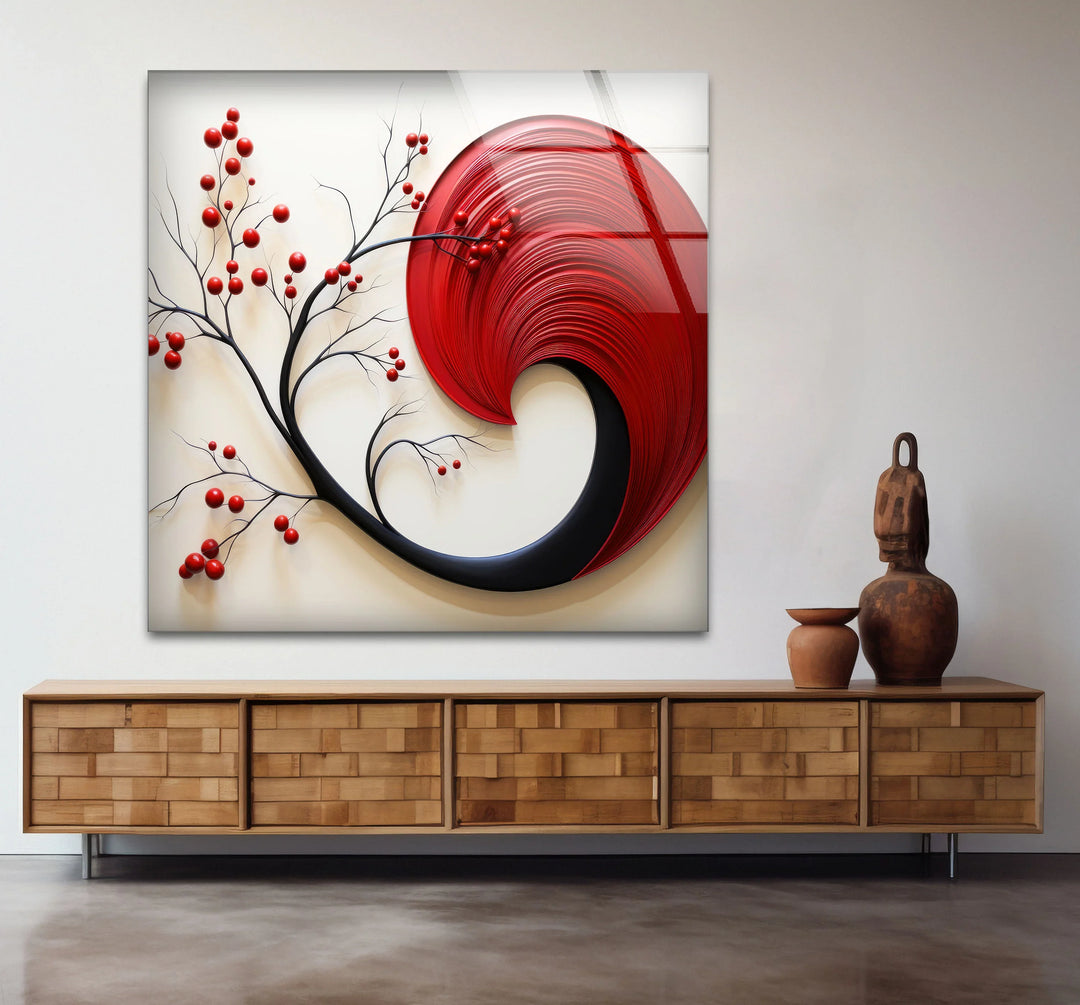 Red Abstract Botanical Wall Art – Modern Glass Decor with Cherry Elements - MyPhotoStation