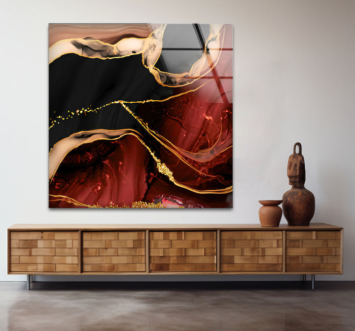 Red and Black Abstract Wall Art – Luxury Marble Glass Print with Gold Accents