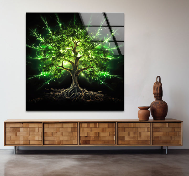 Enchanted Green Tree Wall Art – Glowing Nature-Inspired Glass Print with Dark Fantasy Vibes