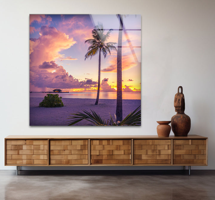 Tropical Sunset Beach Wall Art – Vibrant Palm Tree Ocean Scene Glass Print for Relaxing Home Decor