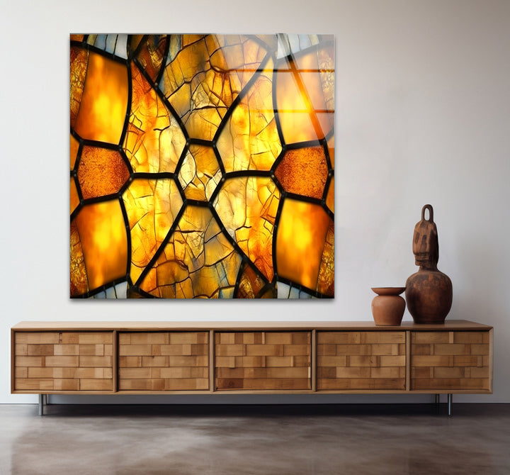 Golden Honeycomb Glass Wall Art – Amber Mosaic Geometric Decor