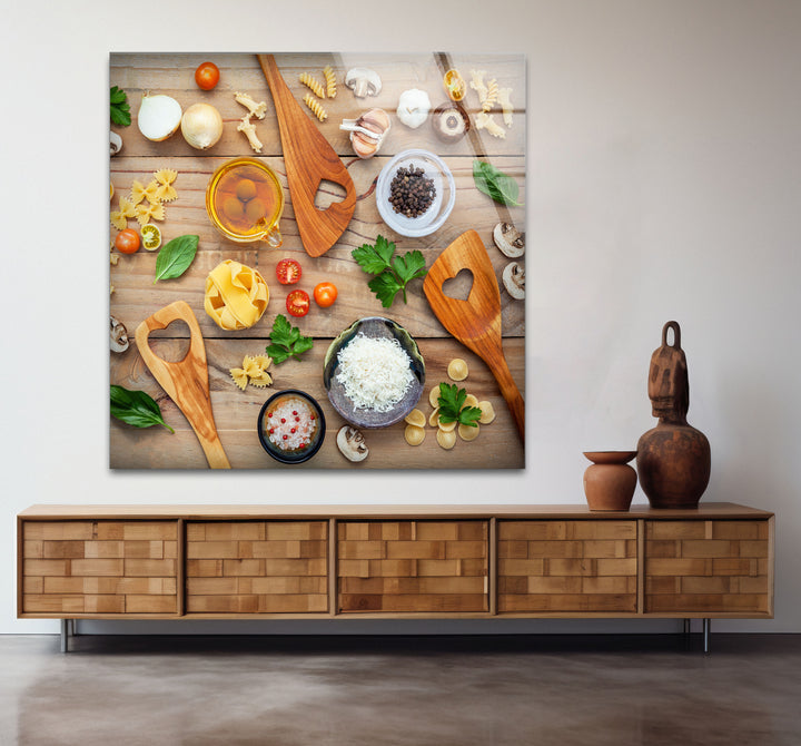 Rustic Italian Kitchen Wall Art – Culinary Glass Print Featuring Pasta, Spices & Wooden Utensils