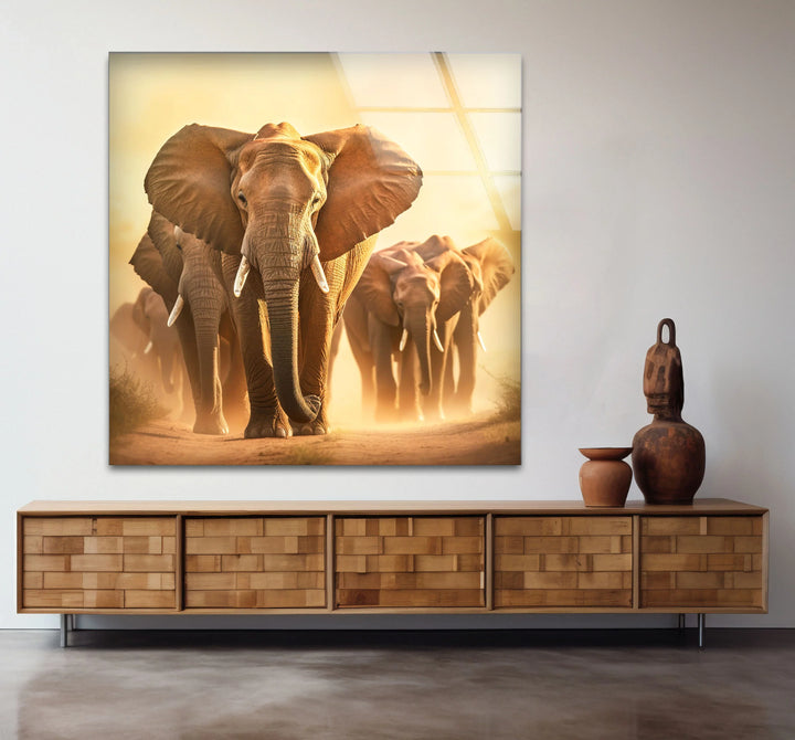 Elephant Herd Safari Wall Art – Majestic Wildlife Glass Print for Bold Natural Decor - MyPhotoStation