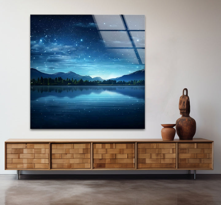 Starry Night Lake Wall Art – Tranquil Mountain Reflection Glass Print for Interior Elegance