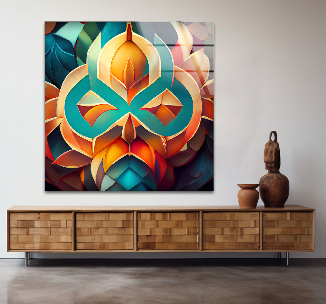 3D Geometric Mandala Glass Wall Art – Vibrant Abstract Lotus Design