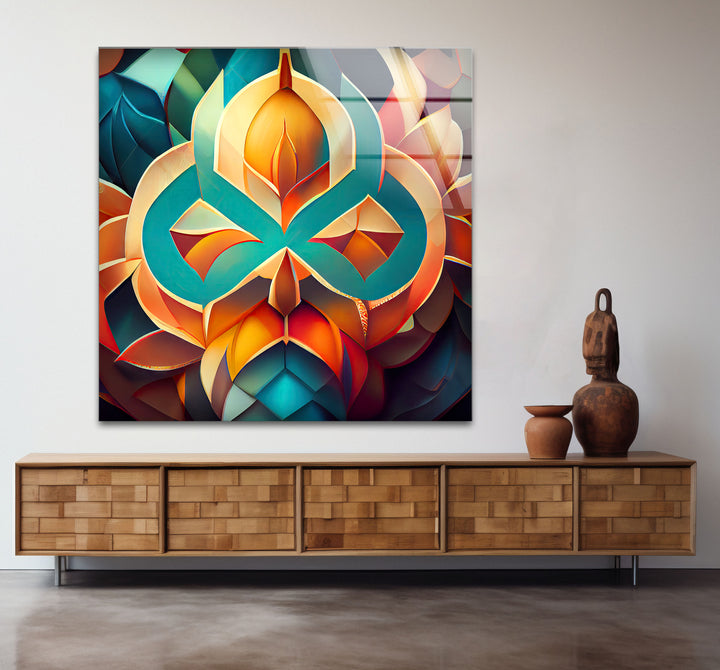 3D Geometric Mandala Glass Wall Art – Vibrant Abstract Lotus Design