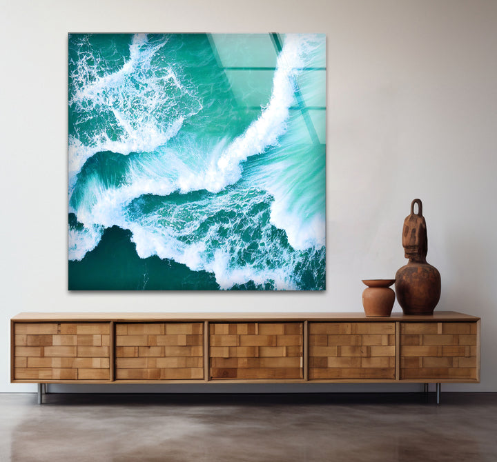 Ocean Wave Aerial Wall Art – Turquoise Sea Glass Print for Modern Decor