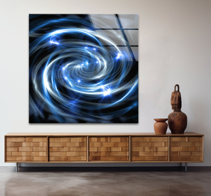 Spiralgalaxie-Wandkunst aus Glas – Blauer kosmischer Wirbel mit Sternenexplosionen