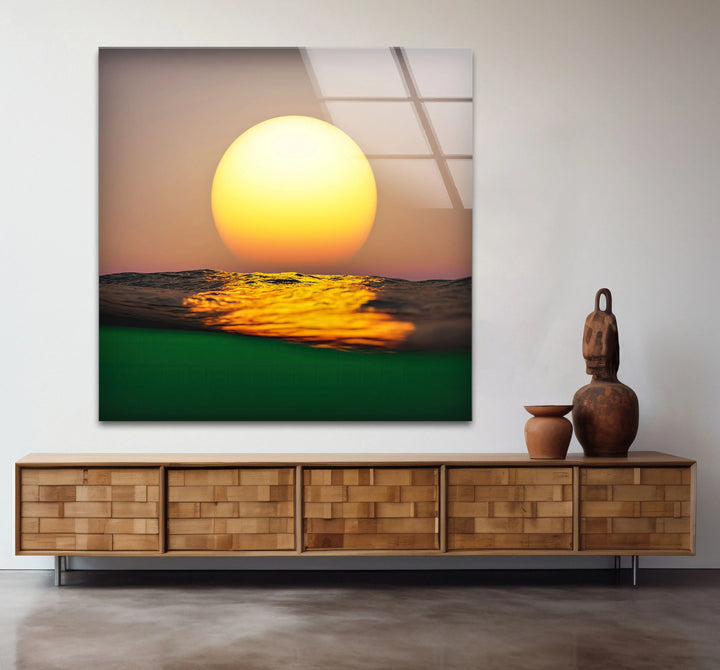 Golden Ocean Sunset Wall Art – Minimalist Sun over Water Glass Print for Modern Spaces - MyPhotoStation