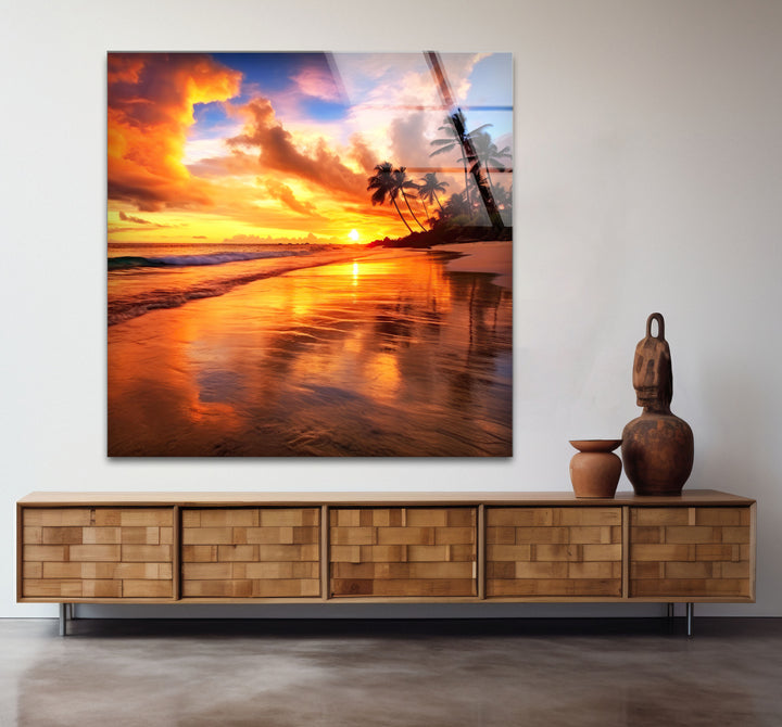 Fiery Tropical Sunset Wall Art – Vibrant Beach Reflection Glass Print for Bold Interiors