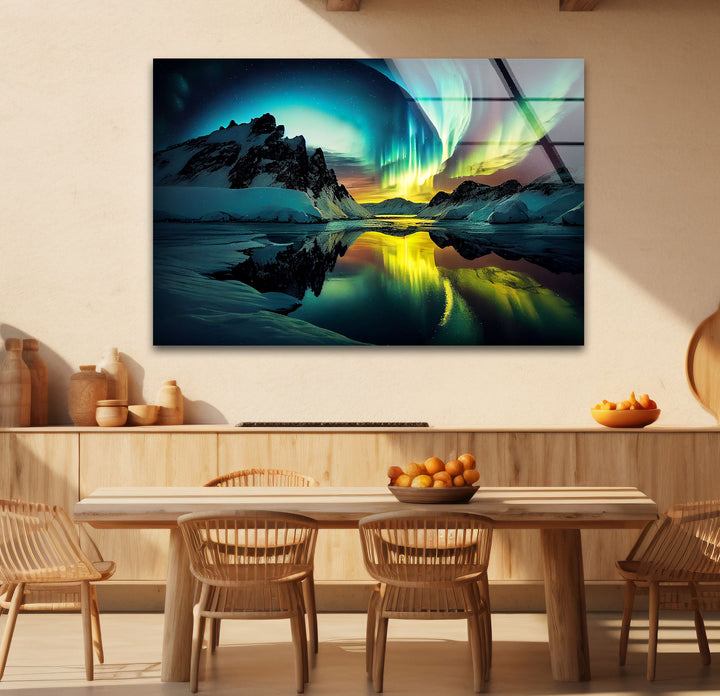 Aurora Borealis Glass Wall Art – Northern Lights Over Arctic Mountains
